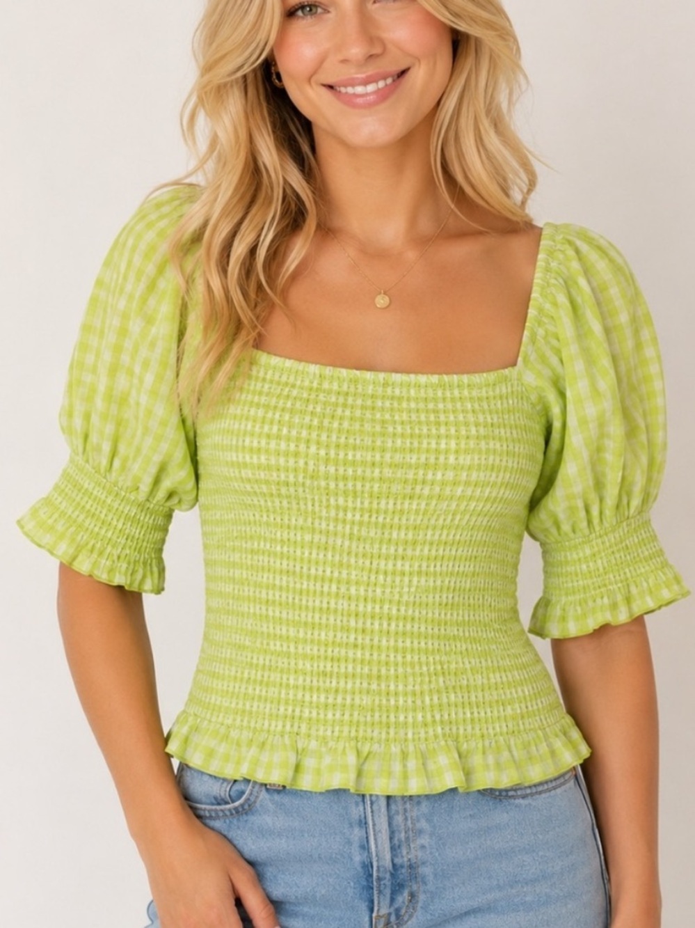 Roller Rabbit Lime Green Gingham Smocked Puff Sleeve Crop Top XXS 25720